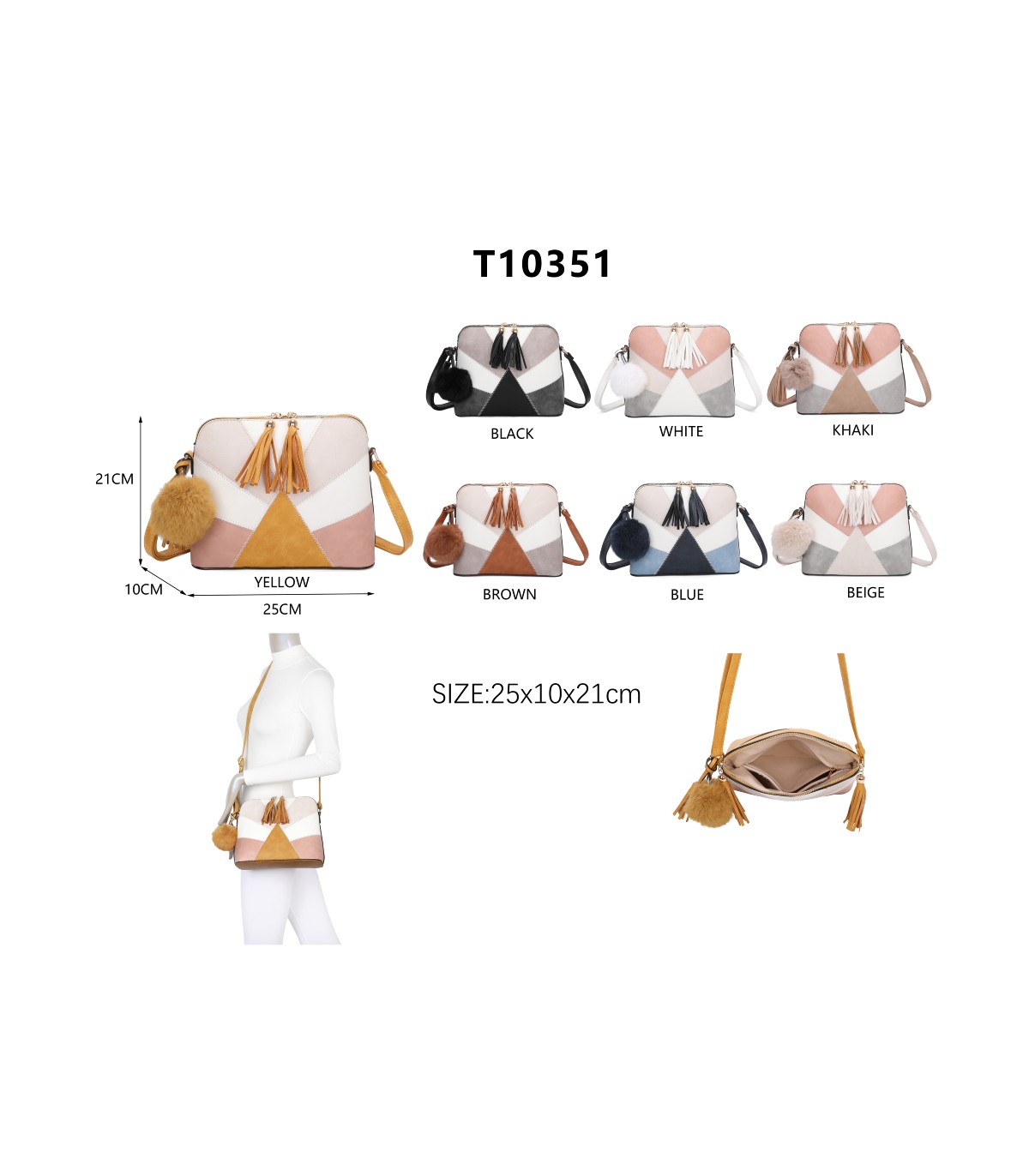 T10351 - Bolso bandolera con dos borlas y un pompón