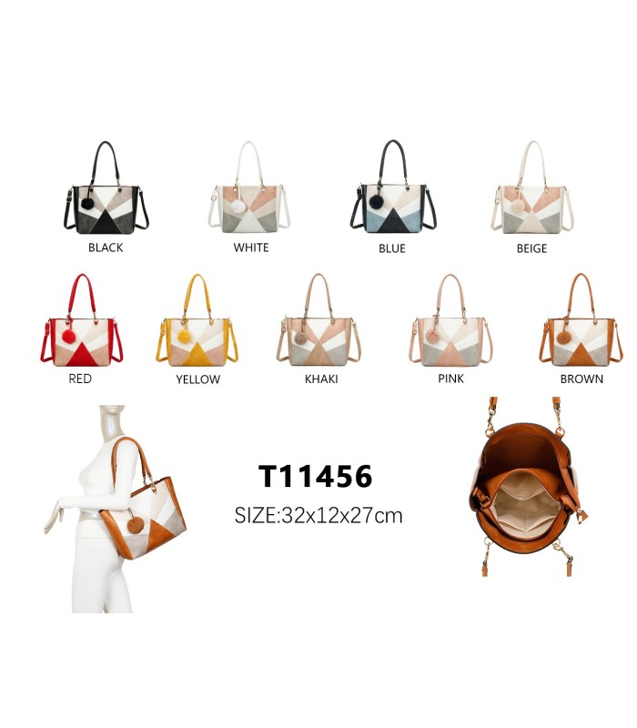 T11456  - Bolso bandolera con asa de mano y pompón