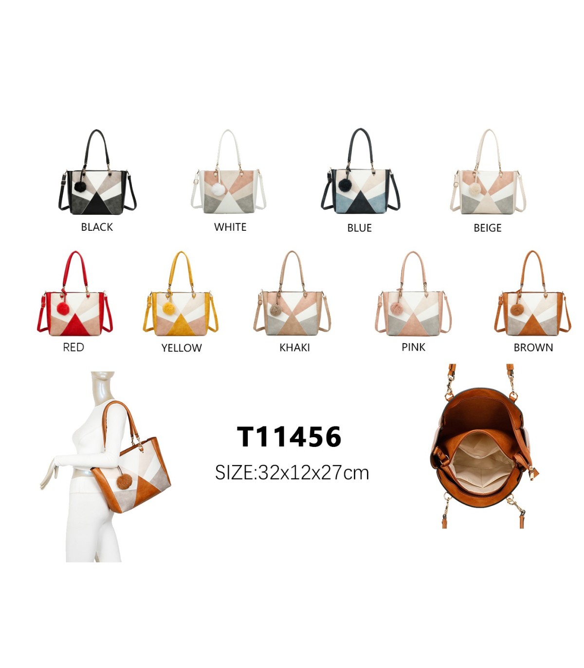 T11456  - Bolso bandolera con asa de mano y pompón
