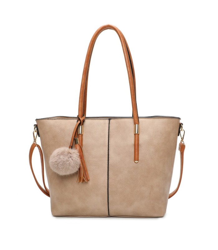 T11621 - Bolso bandolera para mujer con forma de trapecio y pompón a juego