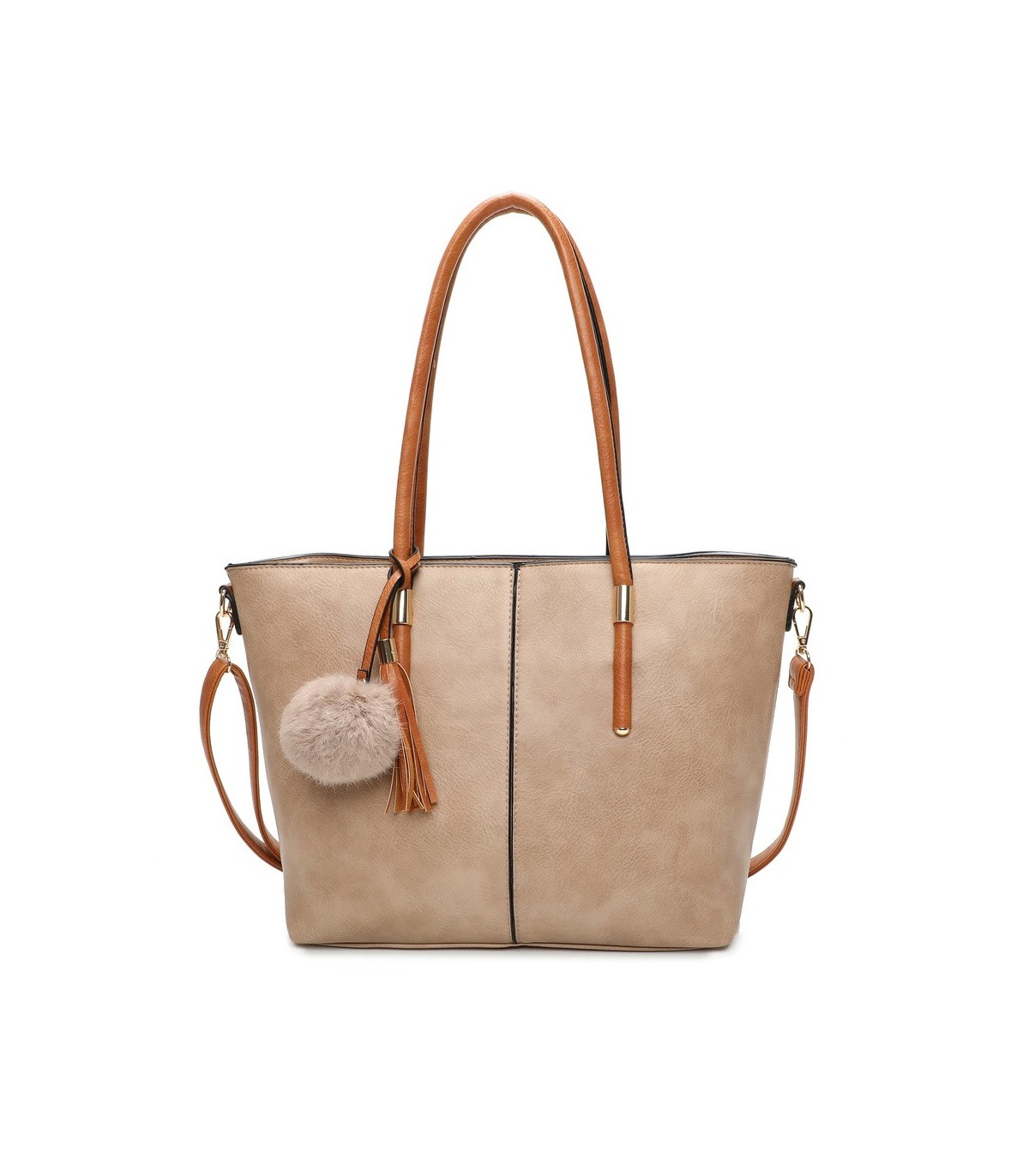 T11621 - Bolso bandolera para mujer con forma de trapecio y pompón a juego