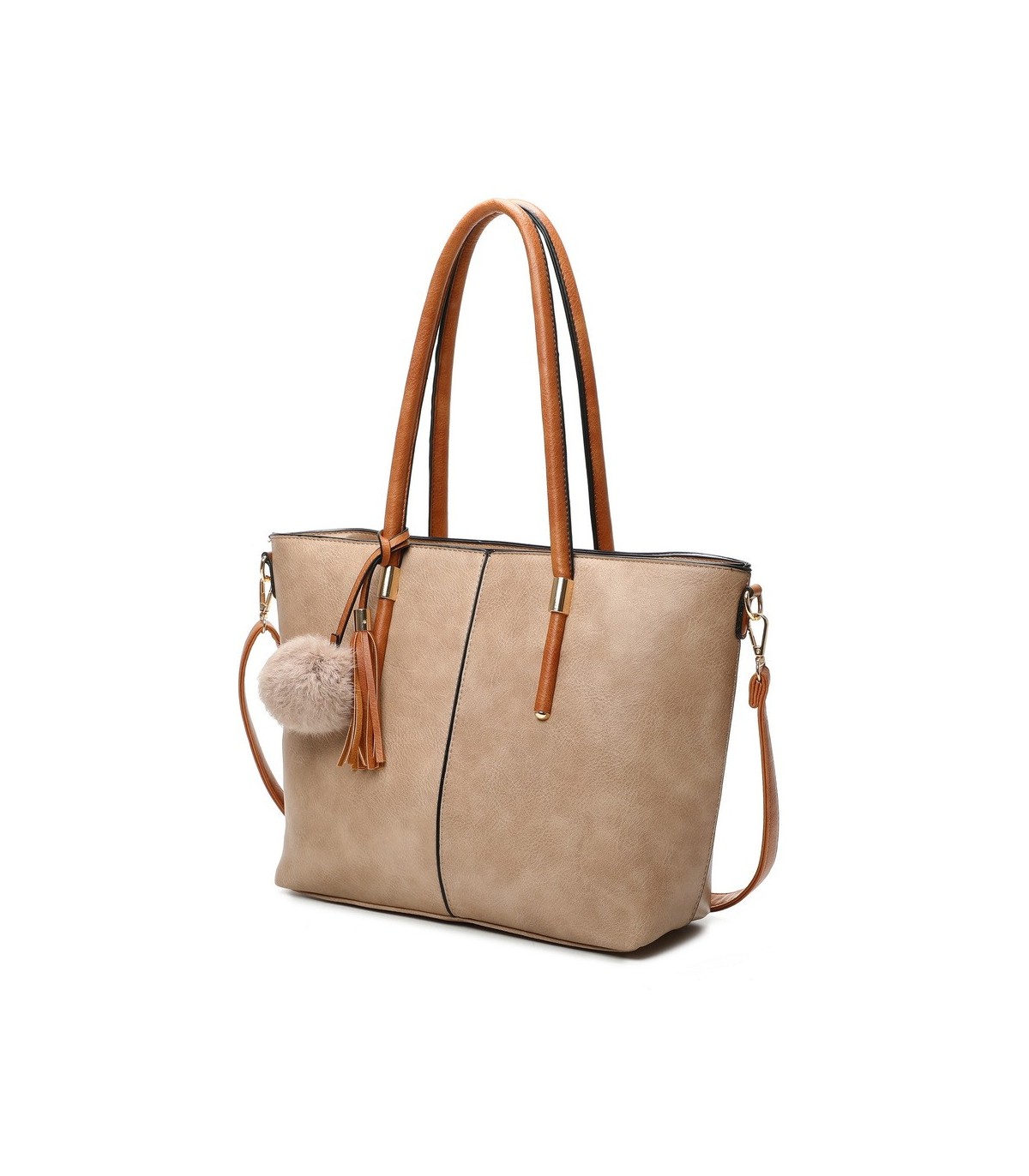 T11621 - Bolso bandolera para mujer con forma de trapecio y pompón a juego
