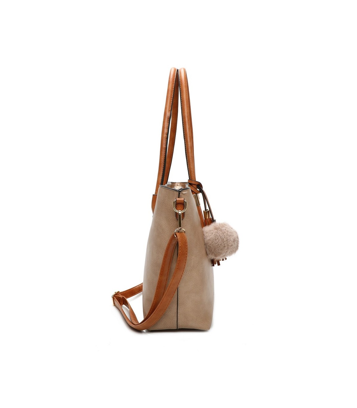 T11621 - Bolso bandolera para mujer con forma de trapecio y pompón a juego