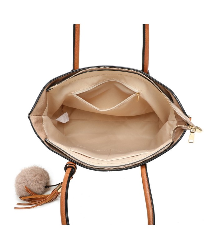 T11621 - Bolso bandolera para mujer con forma de trapecio y pompón a juego