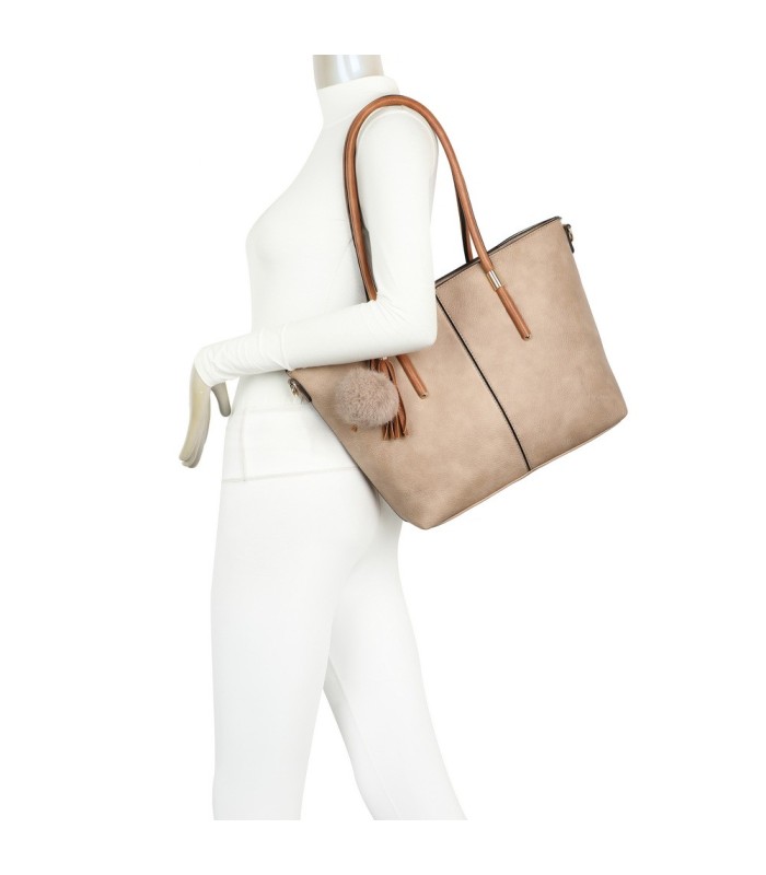 T11621 - Bolso bandolera para mujer con forma de trapecio y pompón a juego