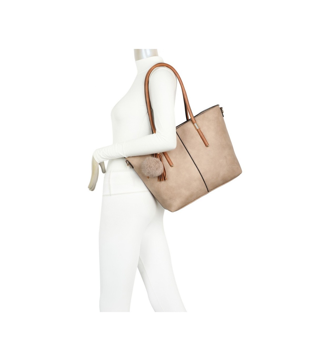 T11621 - Bolso bandolera para mujer con forma de trapecio y pompón a juego