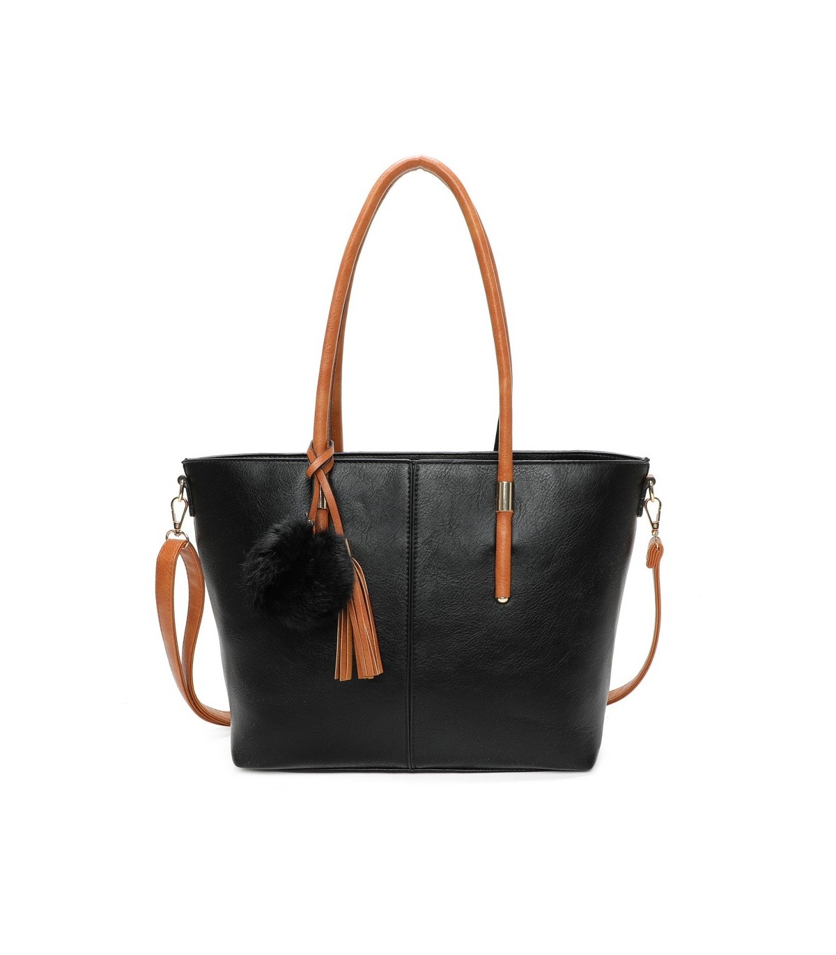 T11621 - Bolso bandolera para mujer con forma de trapecio y pompón a juego