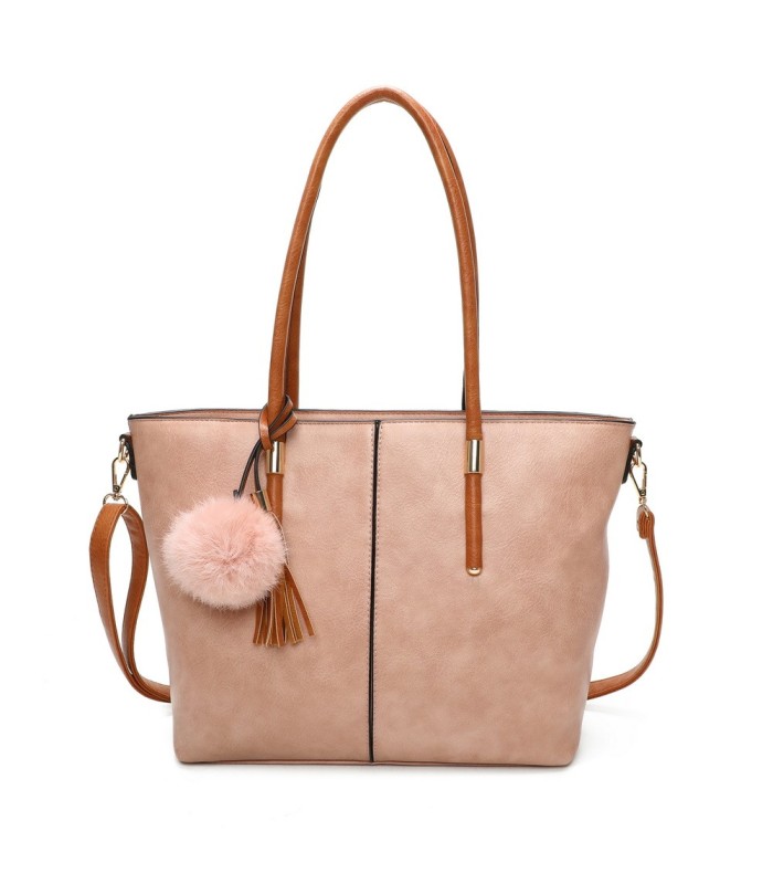 T11621 - Bolso bandolera para mujer con forma de trapecio y pompón a juego
