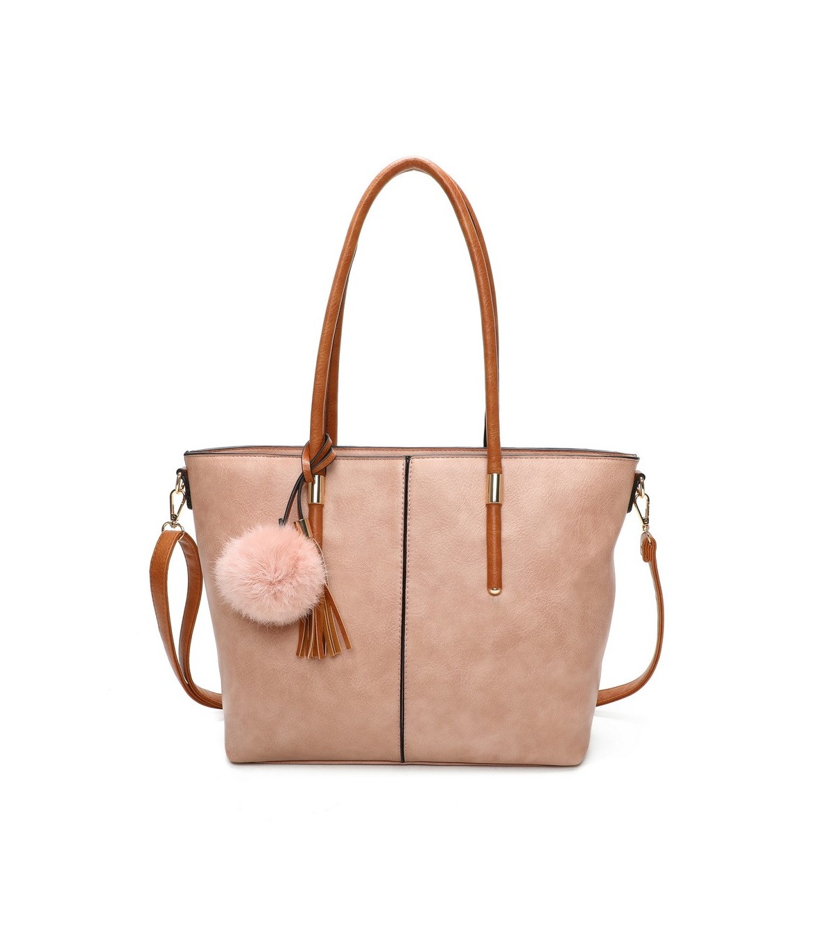 T11621 - Bolso bandolera para mujer con forma de trapecio y pompón a juego