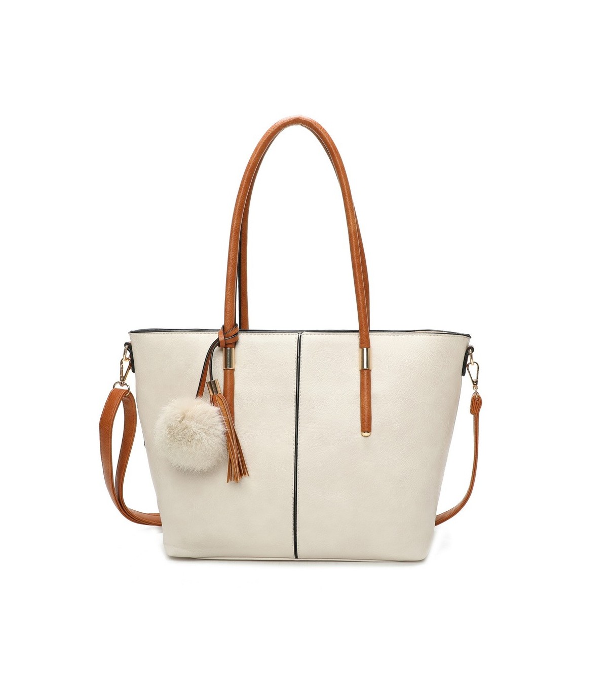 T11621 - Bolso bandolera para mujer con forma de trapecio y pompón a juego