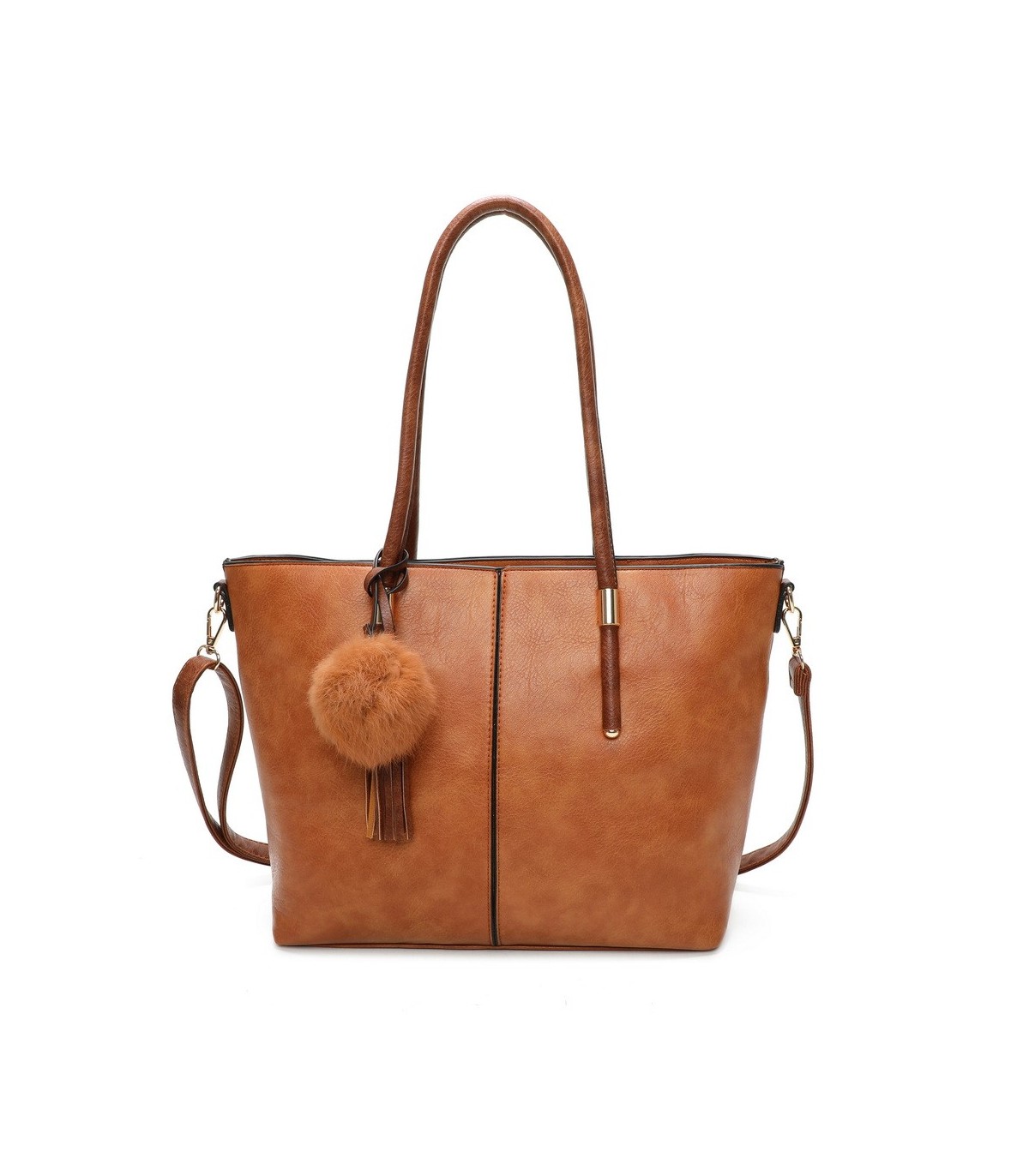 T11621 - Bolso bandolera para mujer con forma de trapecio y pompón a juego