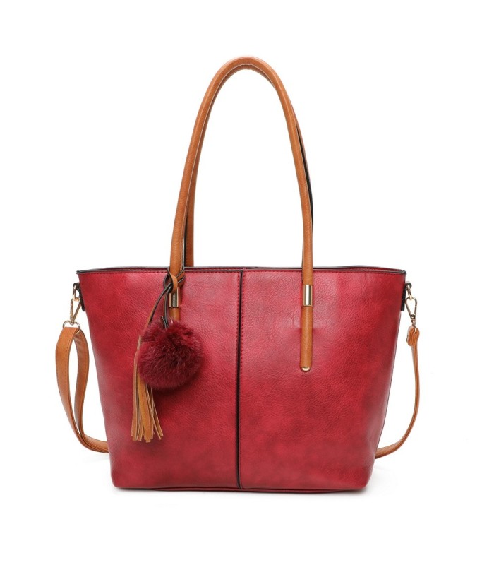 T11621 - Bolso bandolera para mujer con forma de trapecio y pompón a juego