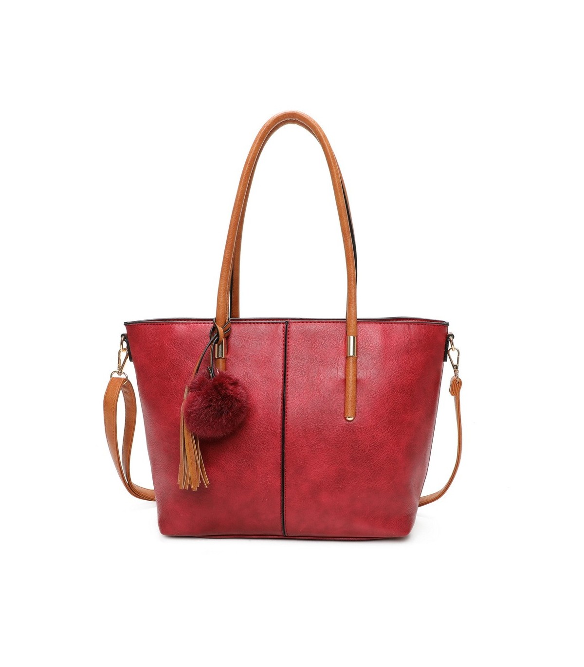 T11621 - Bolso bandolera para mujer con forma de trapecio y pompón a juego