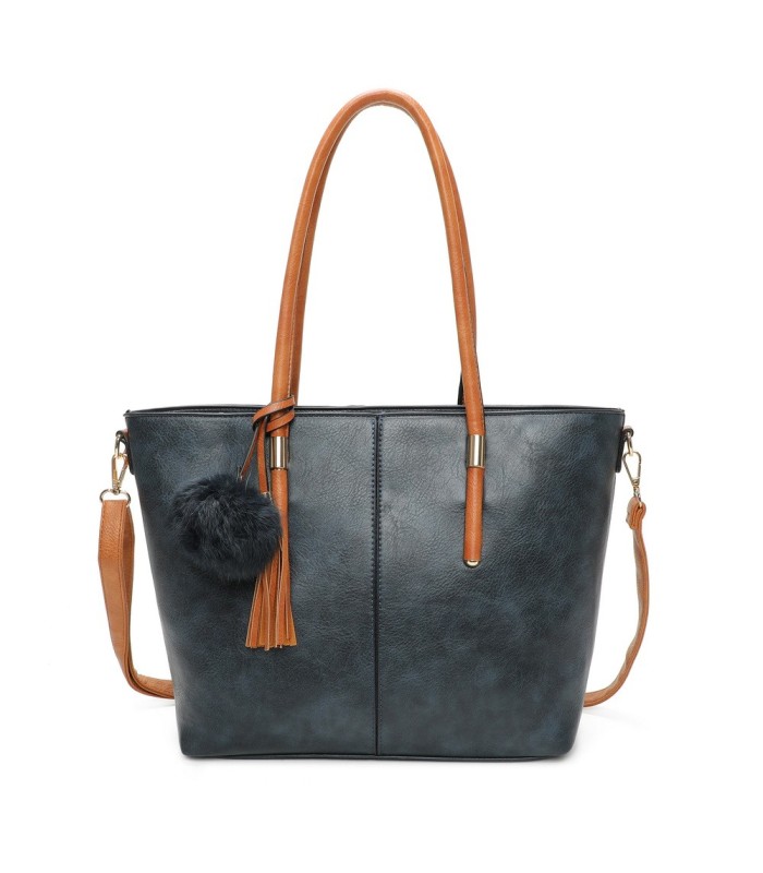 T11621 - Bolso bandolera para mujer con forma de trapecio y pompón a juego