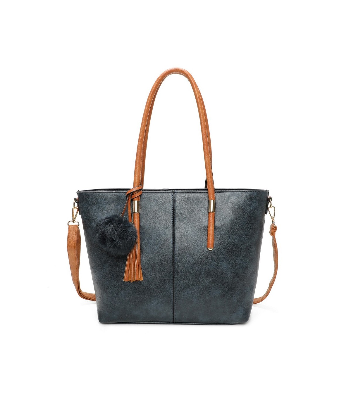 T11621 - Bolso bandolera para mujer con forma de trapecio y pompón a juego
