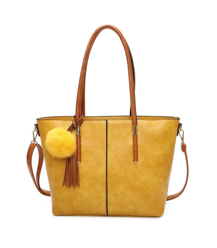 T11621 - Bolso bandolera para mujer con forma de trapecio y pompón a juego