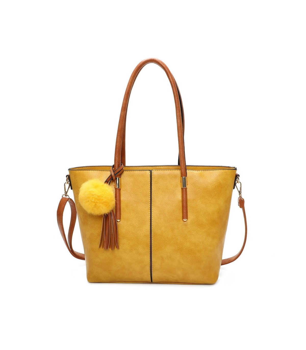 T11621 - Bolso bandolera para mujer con forma de trapecio y pompón a juego