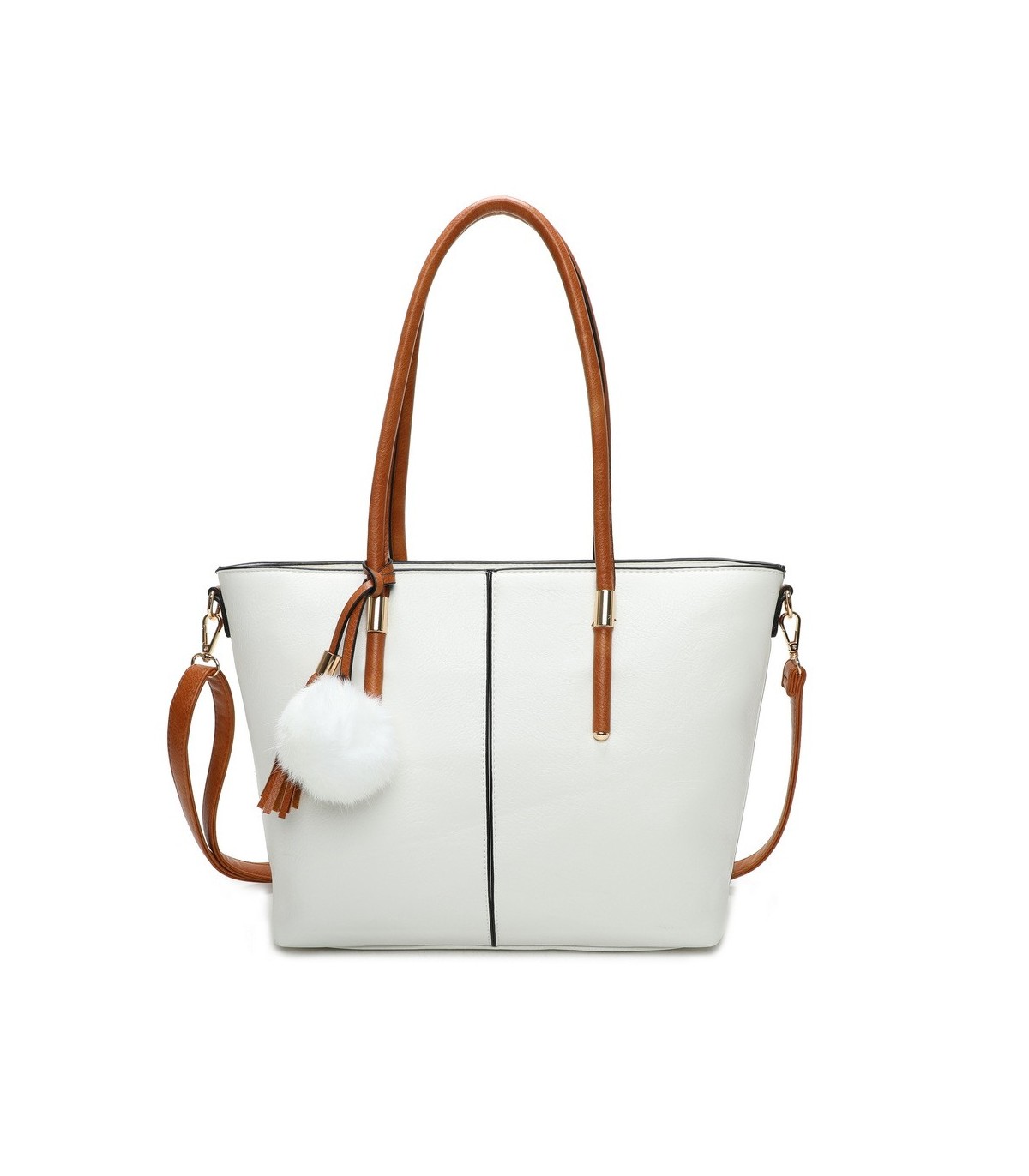 T11621 - Bolso bandolera para mujer con forma de trapecio y pompón a juego