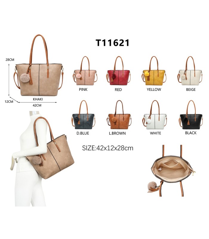 T11621 - Bolso bandolera para mujer con forma de trapecio y pompón a juego
