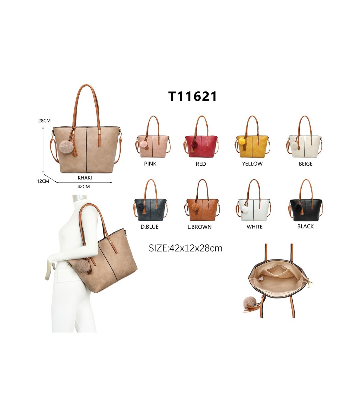 T11621 - Bolso bandolera para mujer con forma de trapecio y pompón a juego