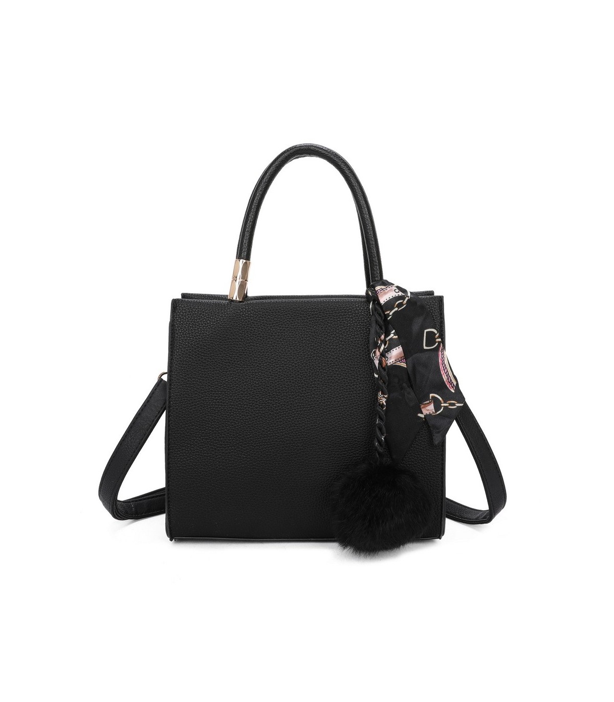 T11576 - Bolso bandolera cuadrado para mujer con adornos de pañuelo y borla