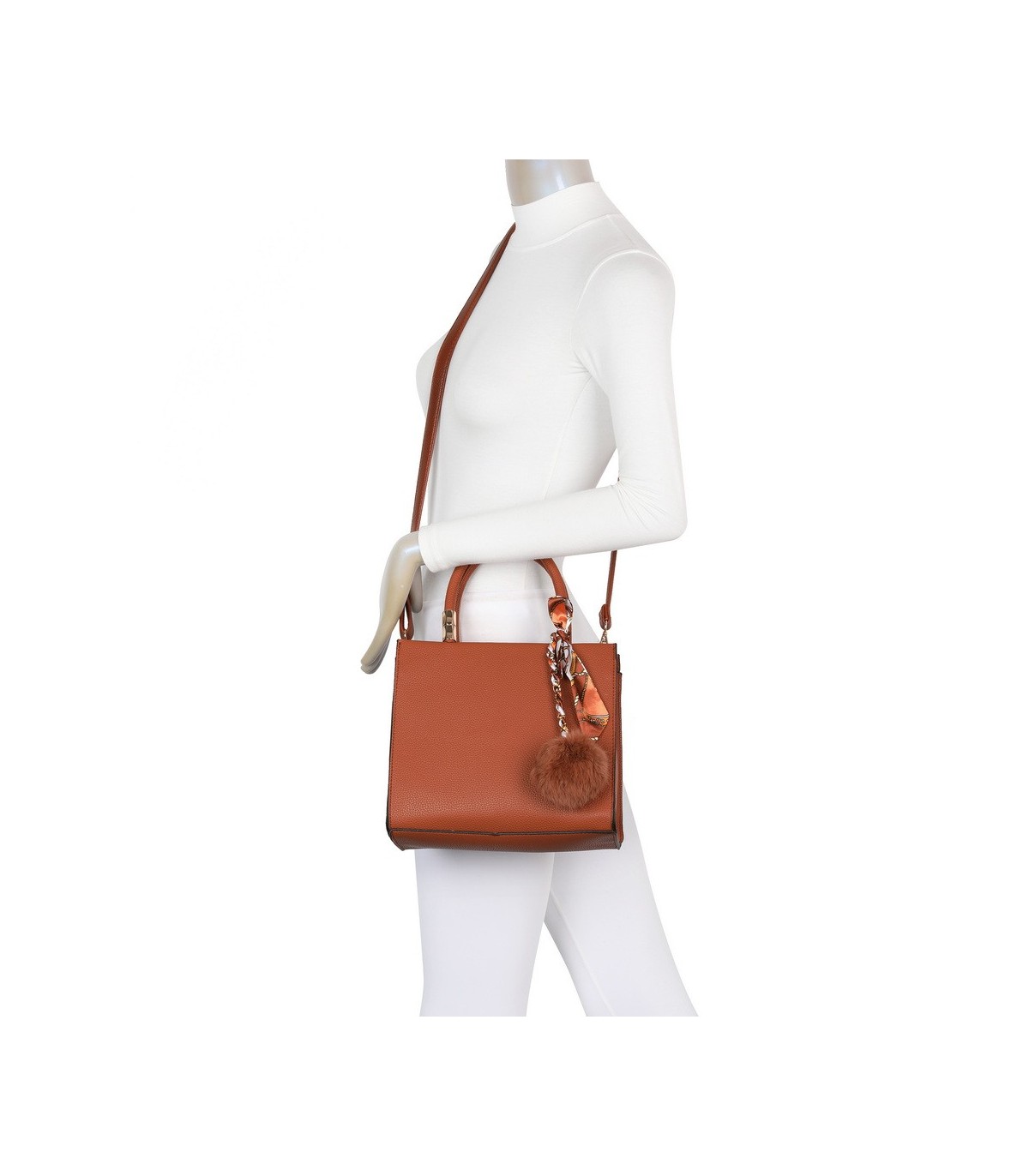 T11576 - Bolso bandolera cuadrado para mujer con adornos de pañuelo y borla