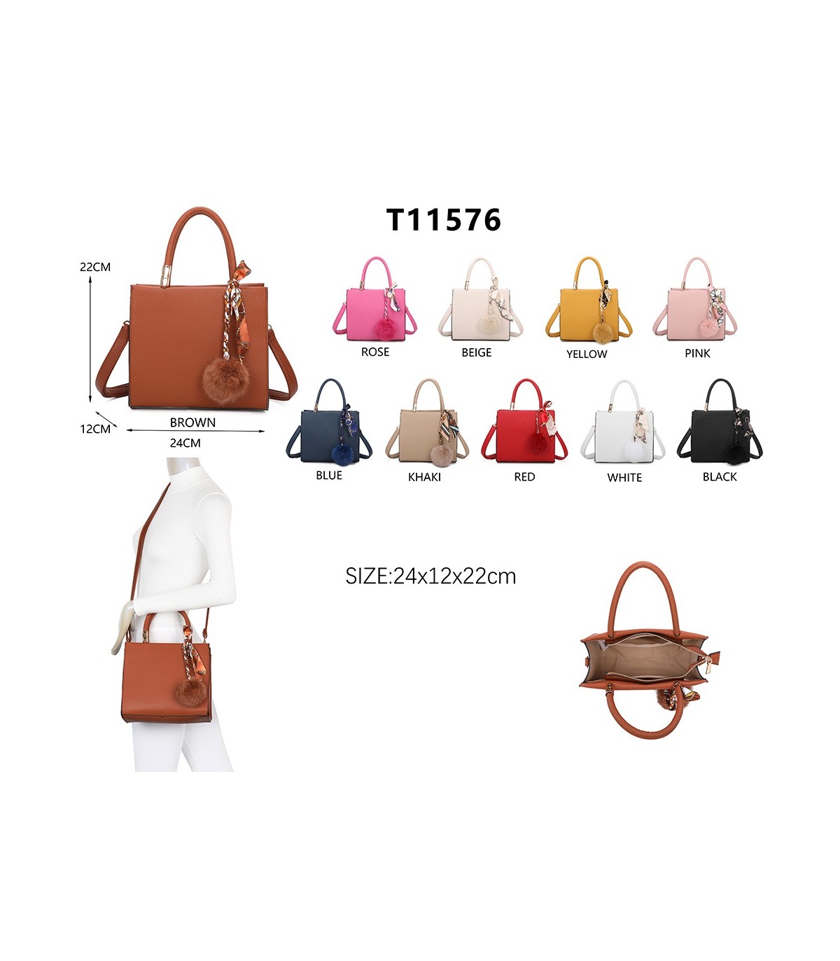 T11576 - Bolso bandolera cuadrado para mujer con adornos de pañuelo y borla