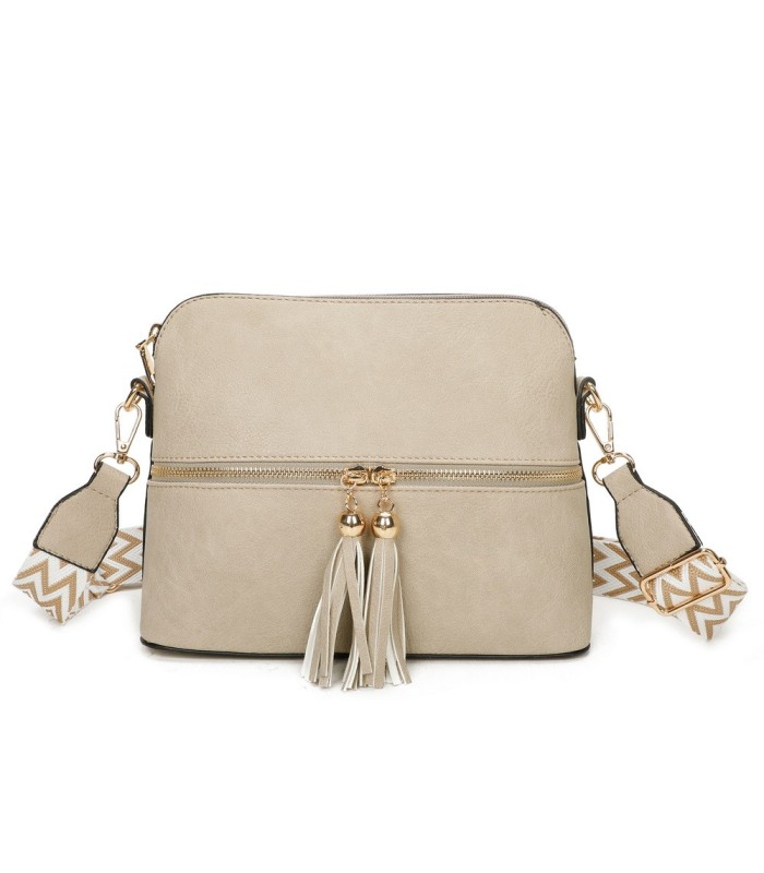T11568 - Bolso bandolera con motivos geométricos y borlas de adorno