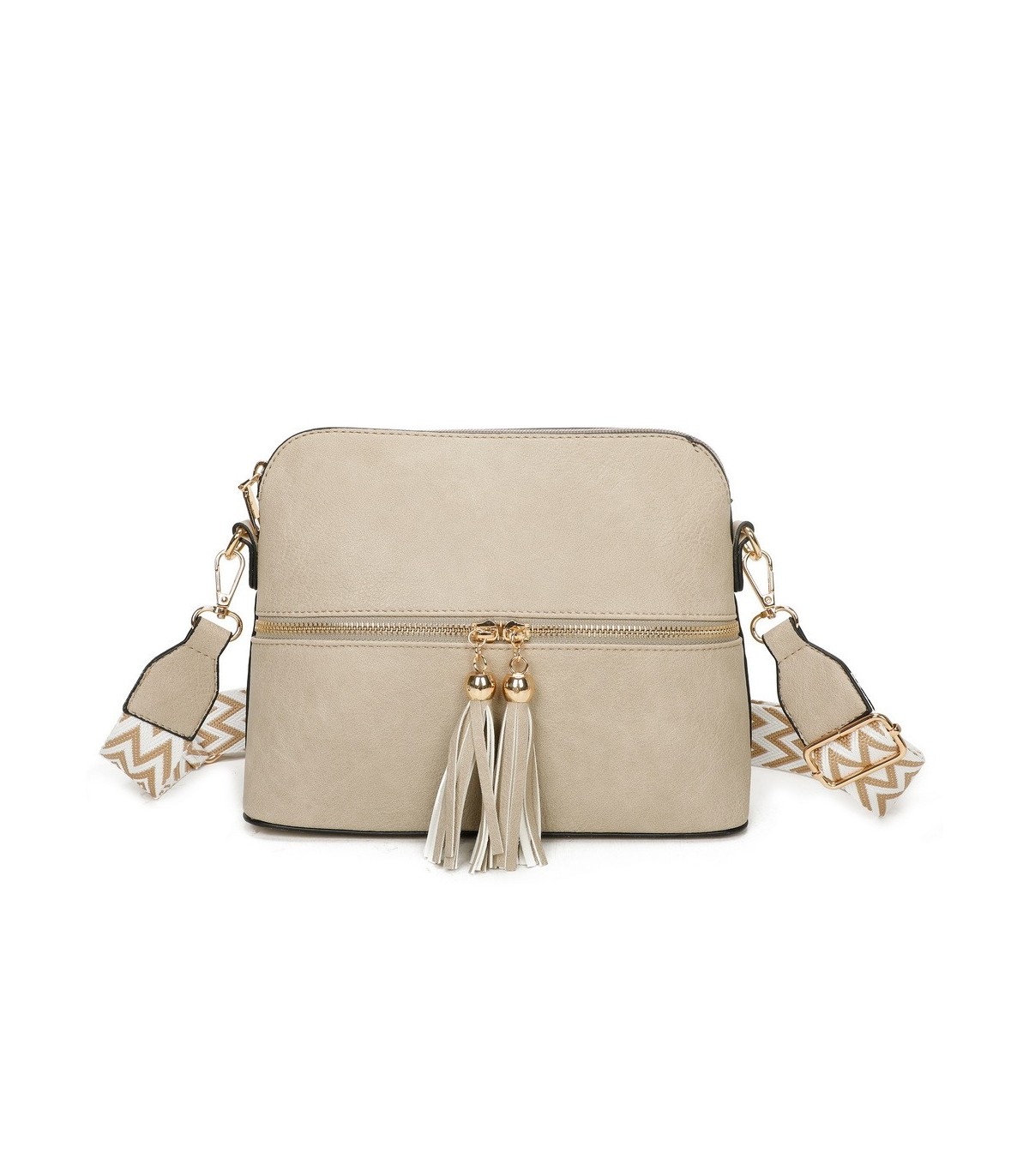 T11568 - Bolso bandolera con motivos geométricos y borlas de adorno