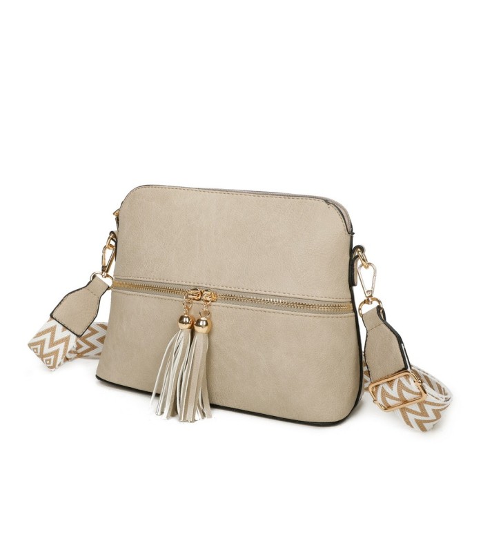 T11568 - Bolso bandolera con motivos geométricos y borlas de adorno