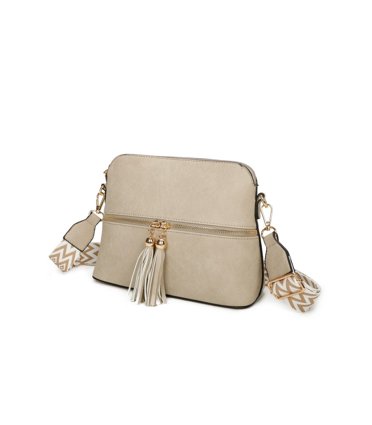 T11568 - Bolso bandolera con motivos geométricos y borlas de adorno