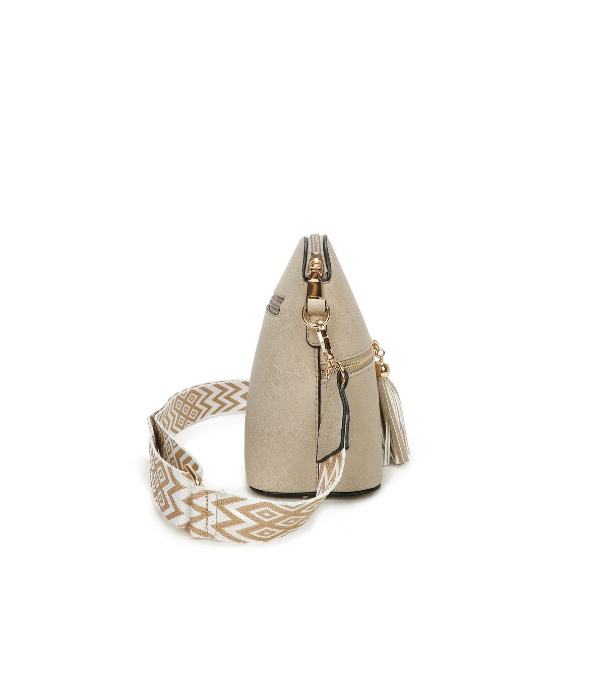 T11568 - Bolso bandolera con motivos geométricos y borlas de adorno