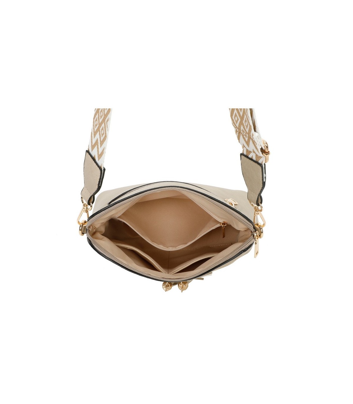 T11568 - Bolso bandolera con motivos geométricos y borlas de adorno