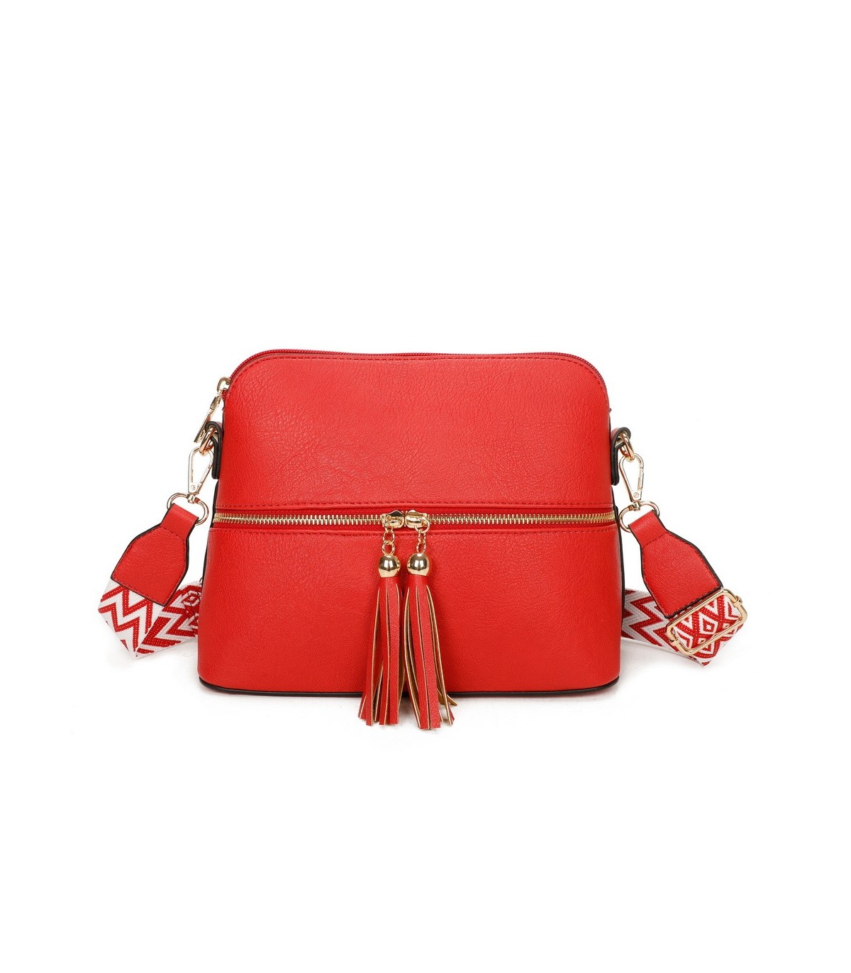 T11568 - Bolso bandolera con motivos geométricos y borlas de adorno