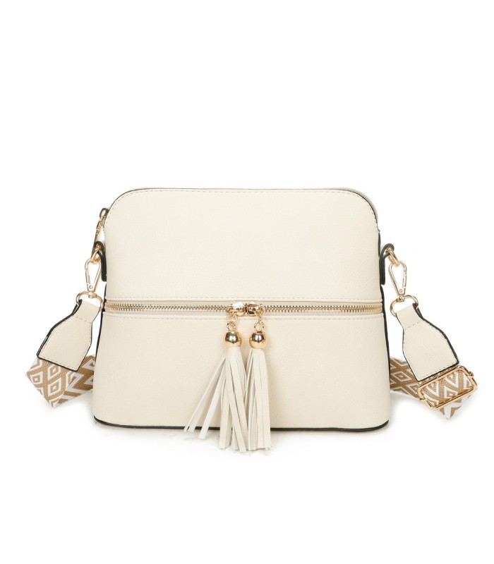 T11568 - Bolso bandolera con motivos geométricos y borlas de adorno