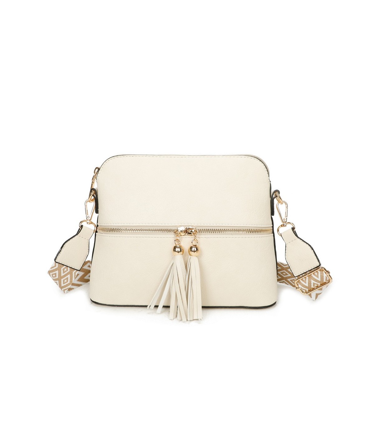 T11568 - Bolso bandolera con motivos geométricos y borlas de adorno