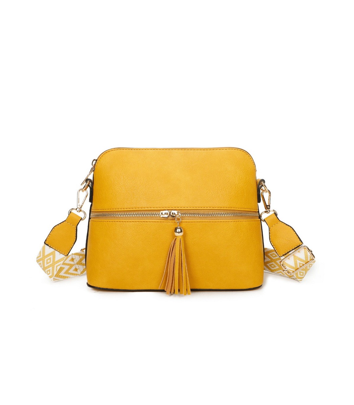 T11568 - Bolso bandolera con motivos geométricos y borlas de adorno