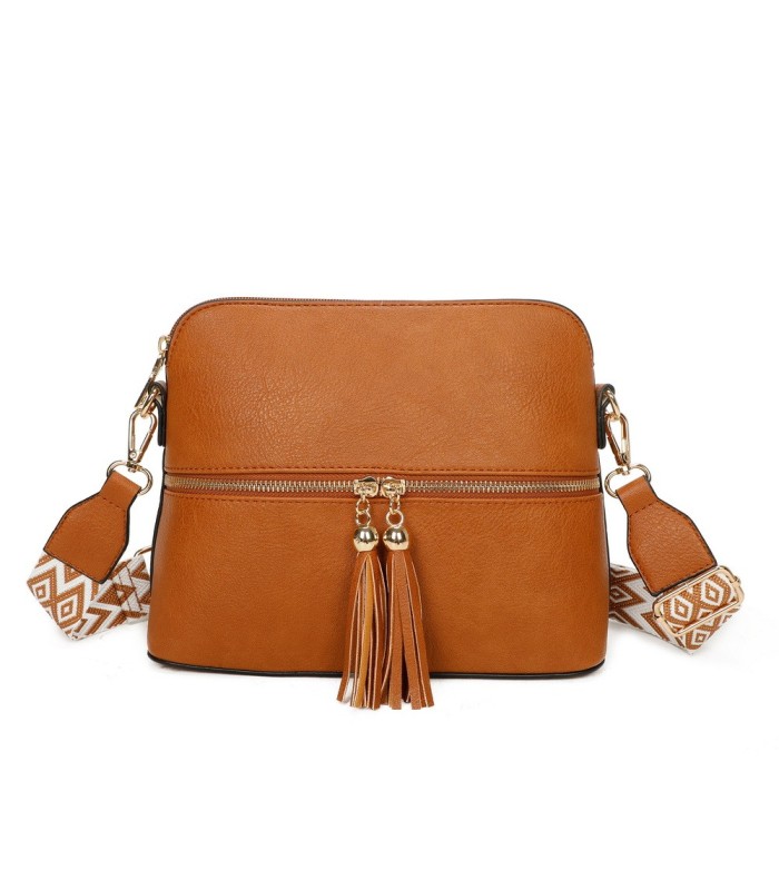 T11568 - Bolso bandolera con motivos geométricos y borlas de adorno