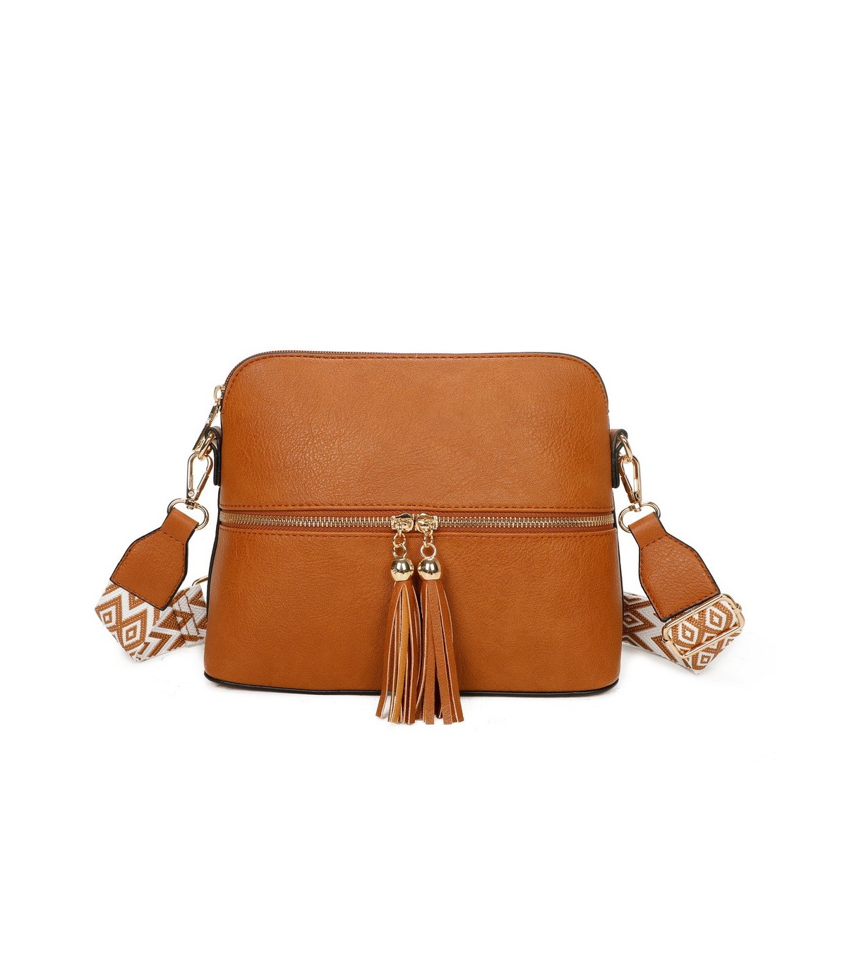 T11568 - Bolso bandolera con motivos geométricos y borlas de adorno