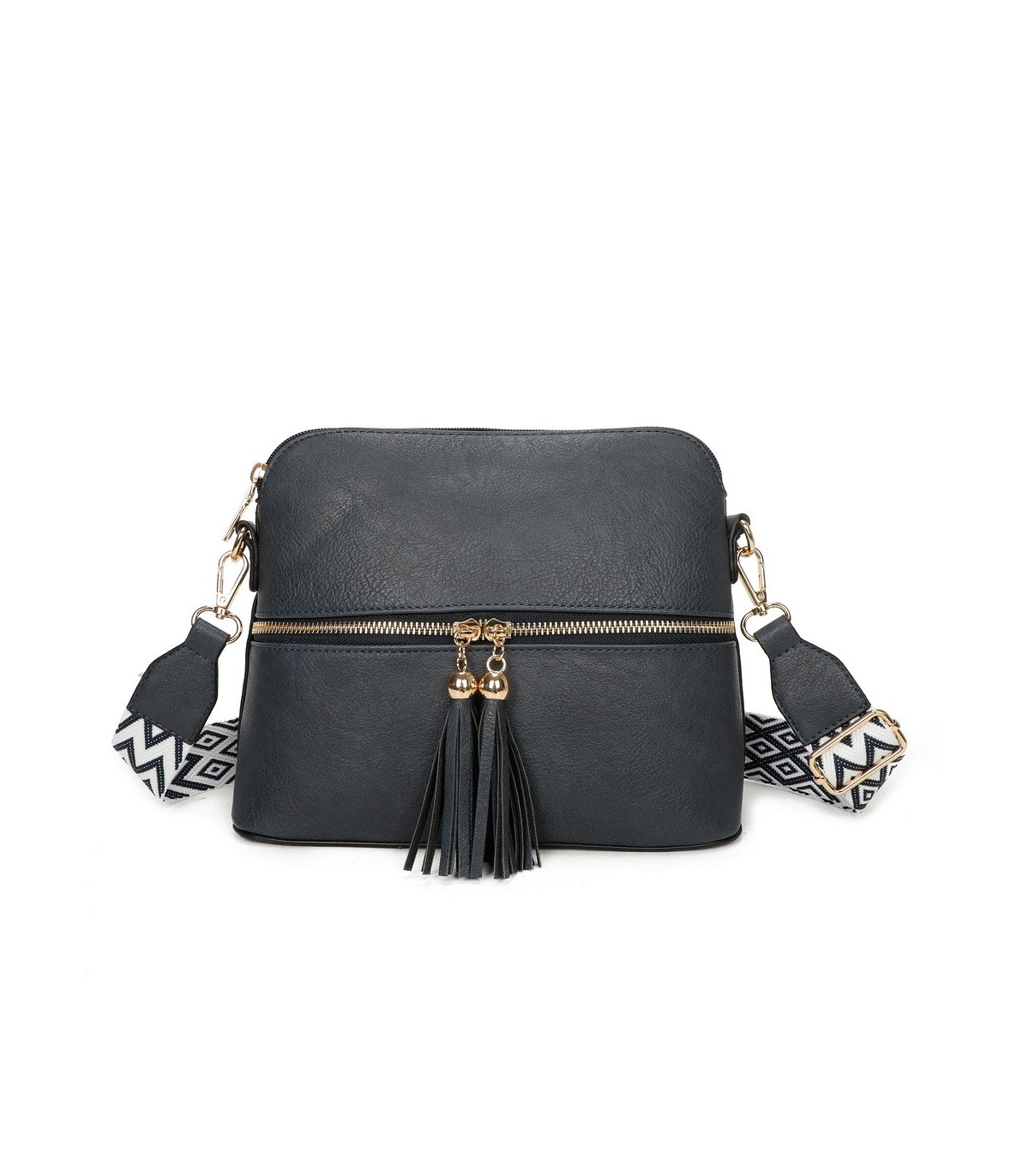 T11568 - Bolso bandolera con motivos geométricos y borlas de adorno
