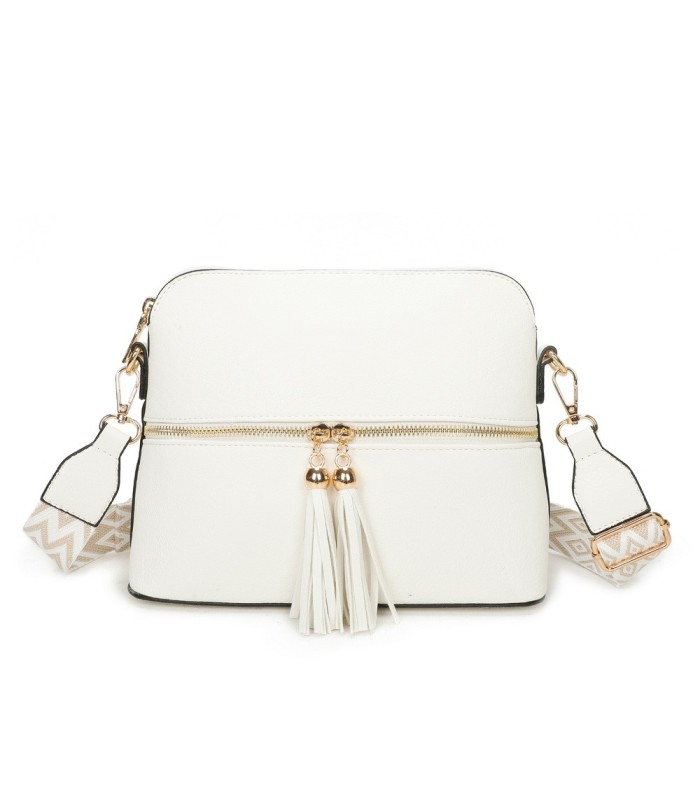 T11568 - Bolso bandolera con motivos geométricos y borlas de adorno