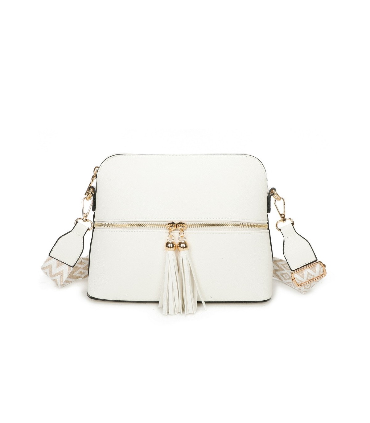 T11568 - Bolso bandolera con motivos geométricos y borlas de adorno