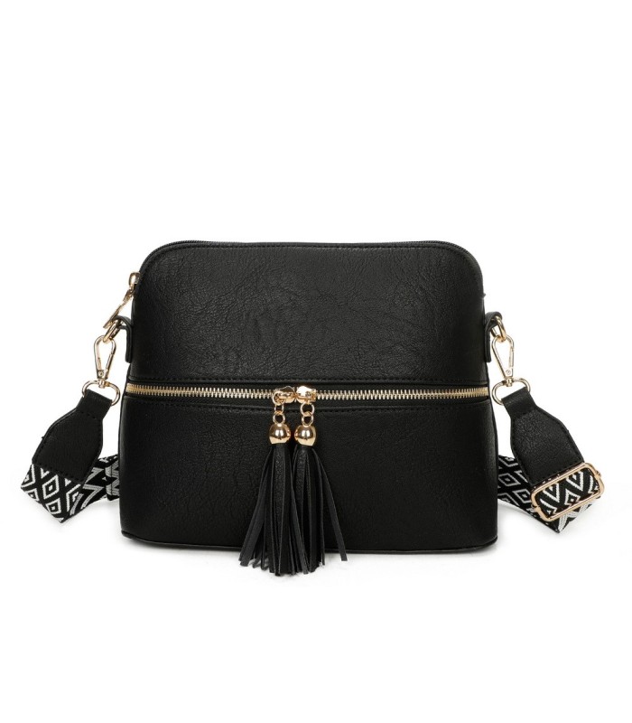 T11568 - Bolso bandolera con motivos geométricos y borlas de adorno
