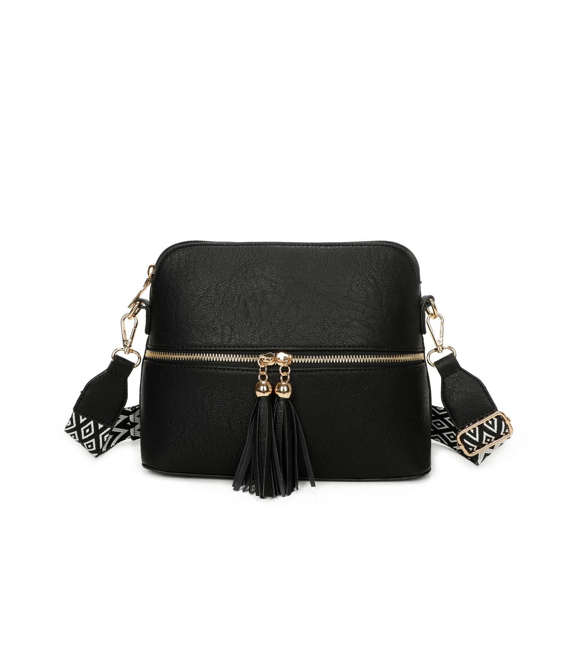 T11568 - Bolso bandolera con motivos geométricos y borlas de adorno