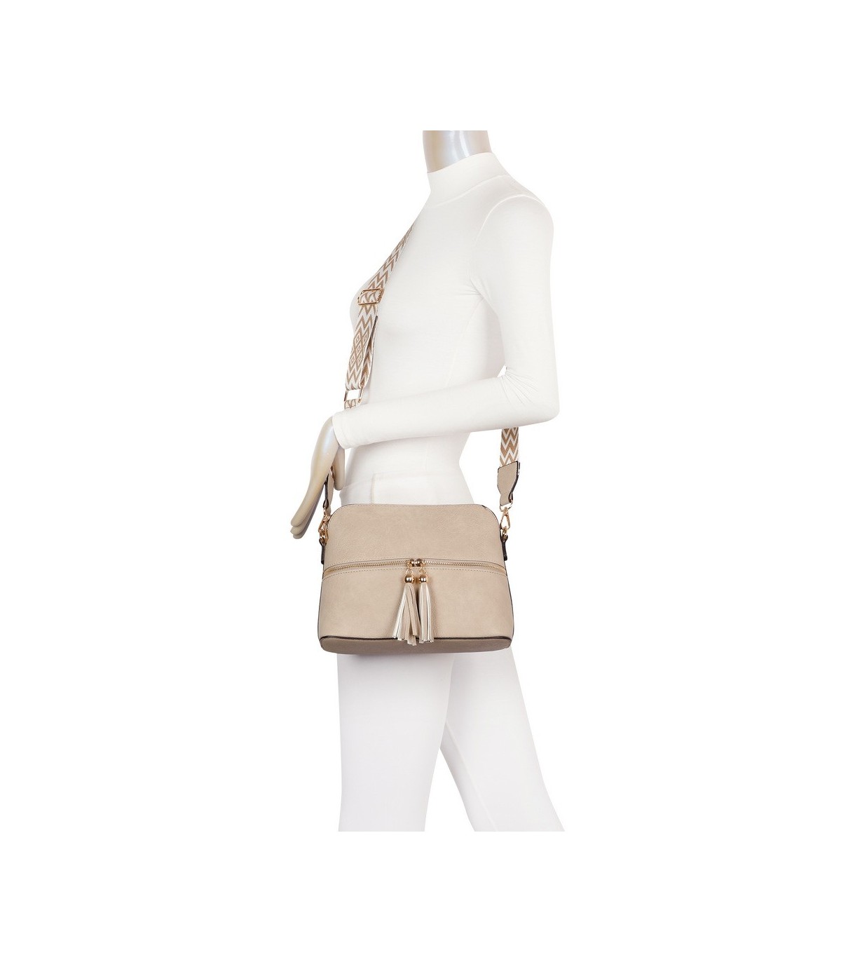 T11568 - Bolso bandolera con motivos geométricos y borlas de adorno