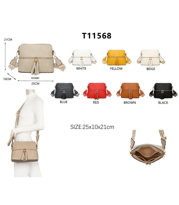 T11568 - Bolso bandolera con motivos geométricos y borlas de adorno