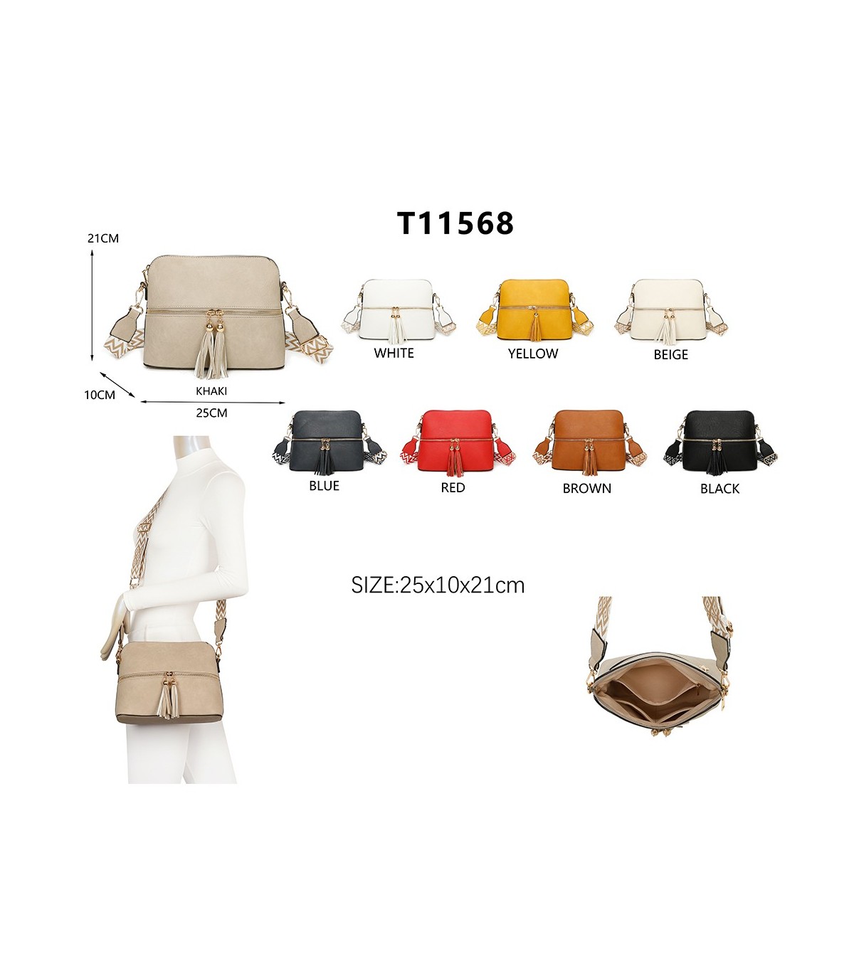 T11568 - Bolso bandolera con motivos geométricos y borlas de adorno