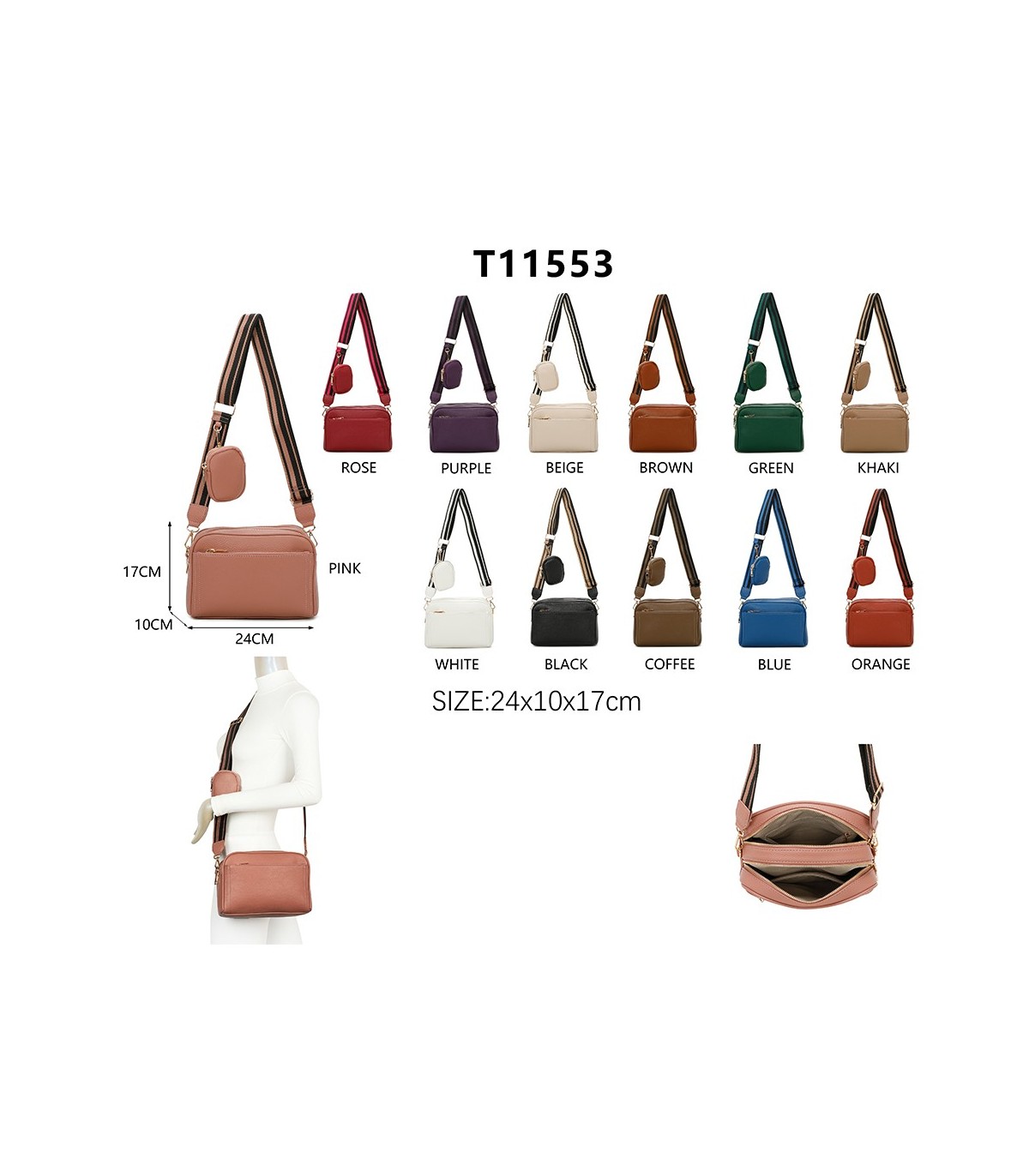 T11553 - Bolso bandolera con bolsillo de monedero del mismo color
