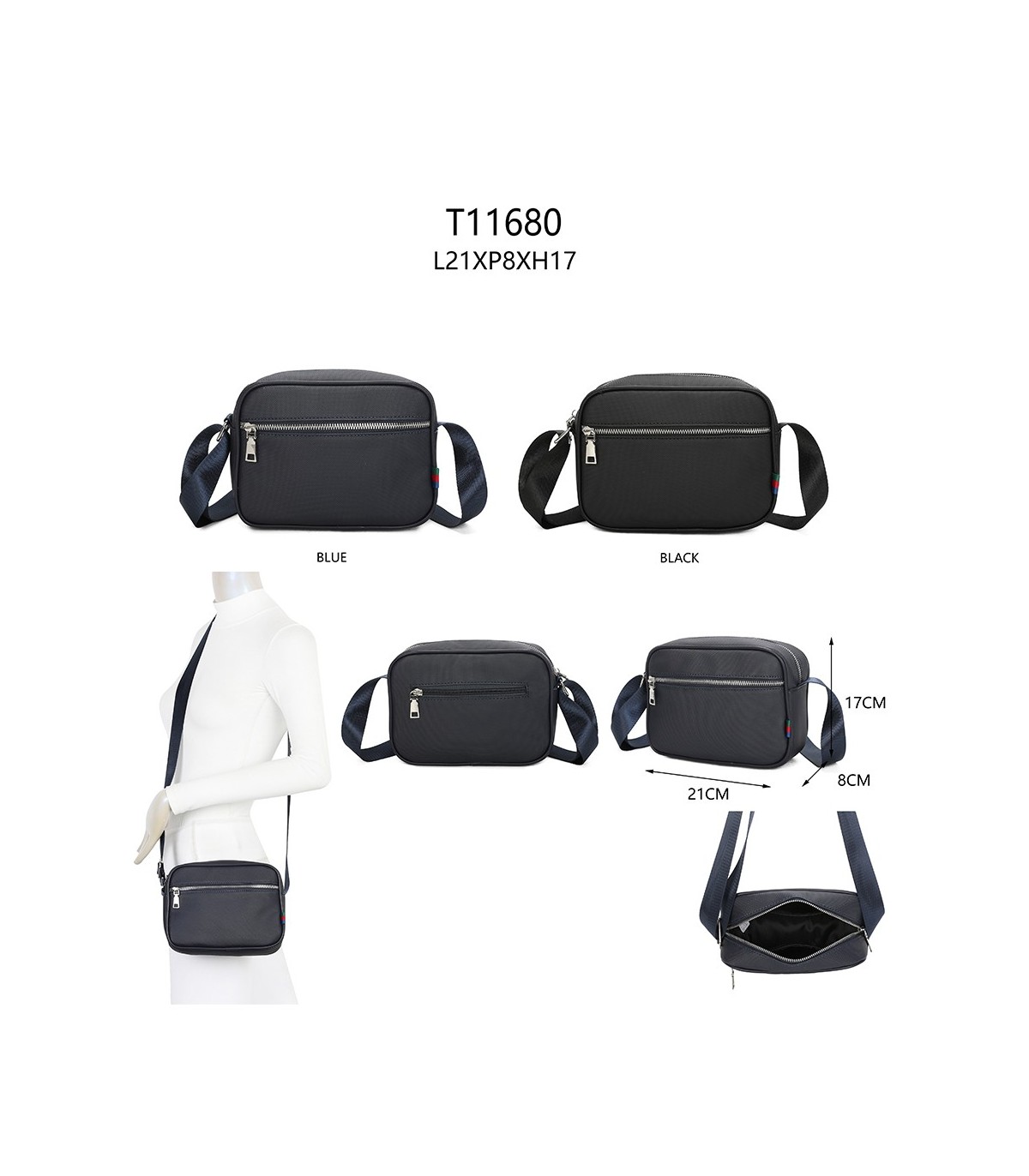 T11680 - Bolso bandolera rectangular con bolsillo de cierre de cremallera