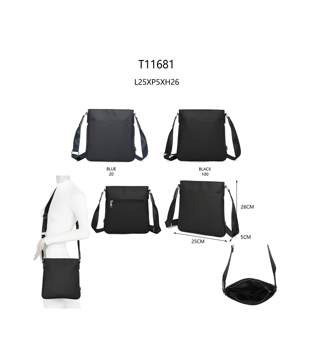 T11681 - Bolso bandolera cuadrado con bolsillo de cierre de cremallera